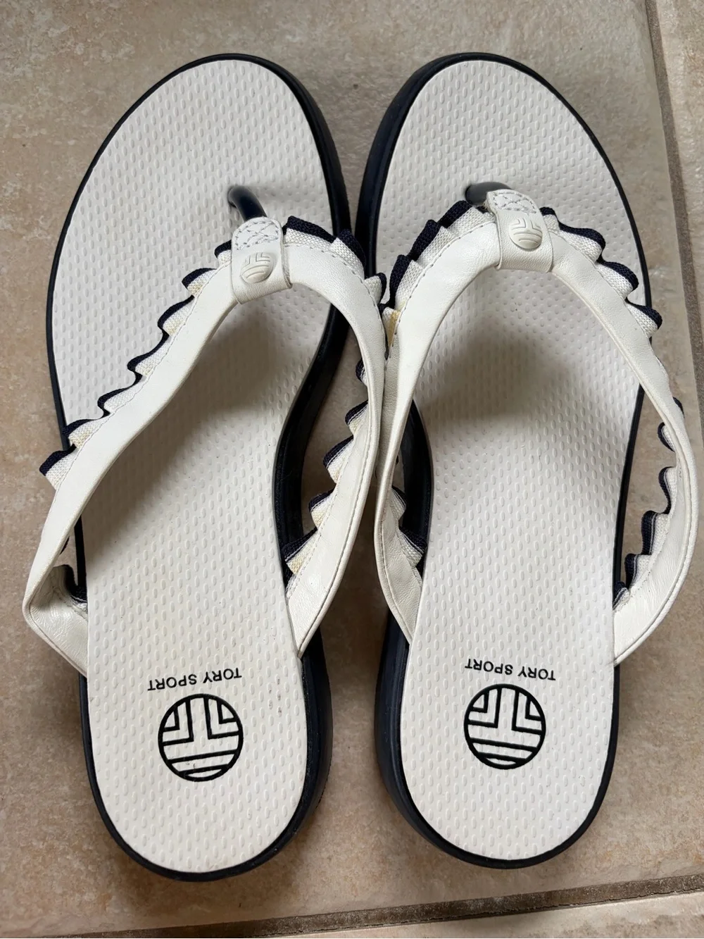 Tory Burch Sport White Thong Sandals with Navy Trim